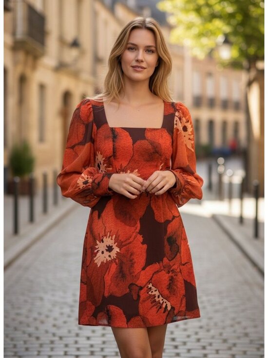 Hutch Dresses & Skirts - Anthropology Hutch Poppy Square Neck Long Sleeve Mini Dress Red 2 Puff Sleeve